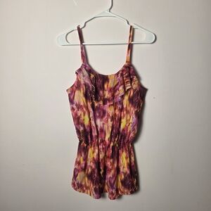Relativity Pink Yellow Floral Tank Top Size M Ruffle Neck Cinched Waist
